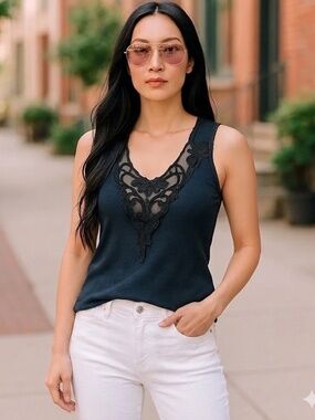Vintage Black Lace Mesh Eyelet Low V Neck Camisole Tank Top Cotton  S / M
